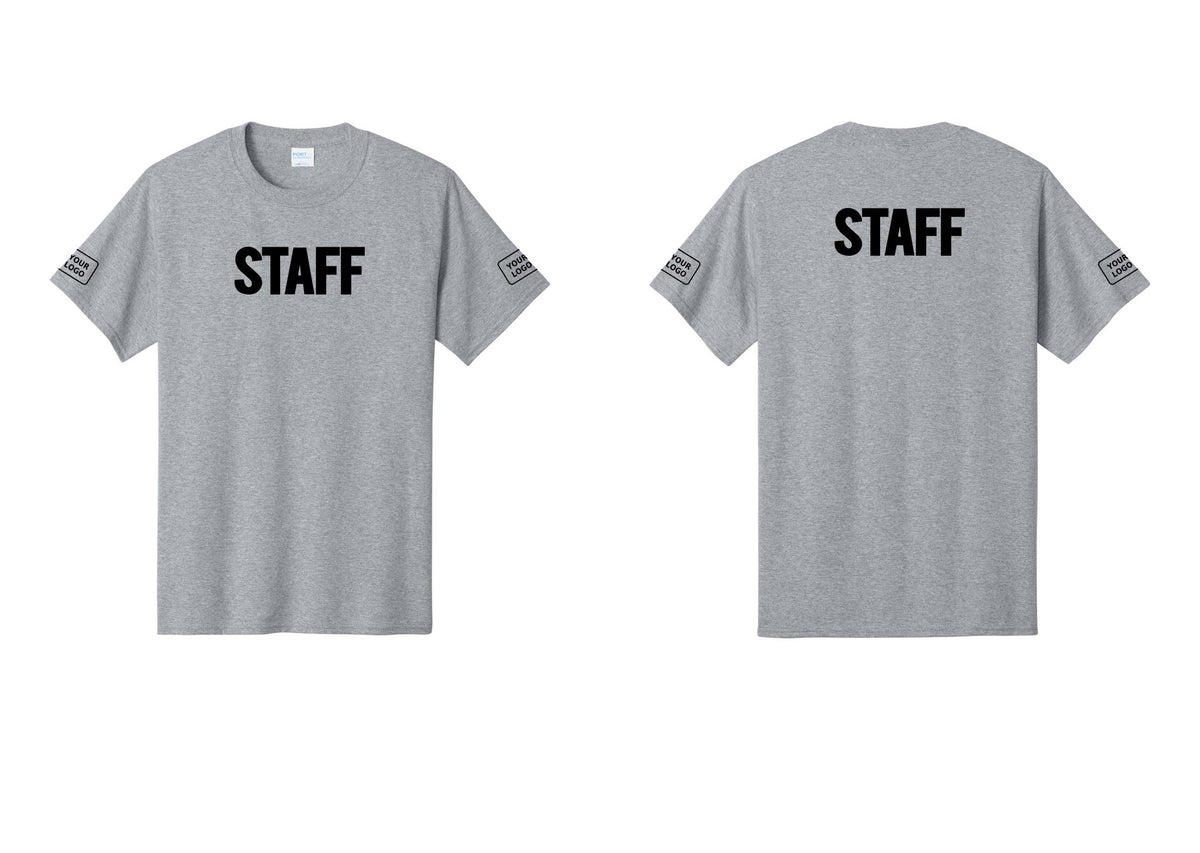 NYC Factory Custom Logo Staff T-Shirt, Bold Lettering - Front + Back + Your Logo Sleeves - Athletic Heather
