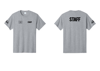 NYC Factory Custom Logo Staff T-Shirt, Bold Lettering - STAFF + Your Logo + Back + US Flag Sleeve - Athletic Heather
