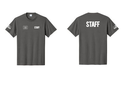 NYC Factory Custom Logo Staff T-Shirt, Bold Lettering - STAFF + Your Logo + Back + US Flag Sleeve - Charcoal
