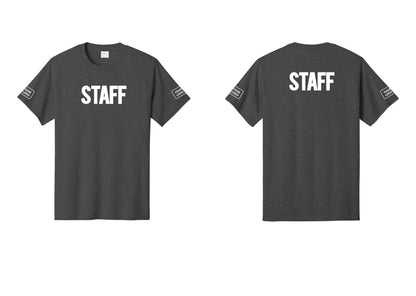 NYC Factory Custom Logo Staff T-Shirt, Bold Lettering - Front + Back + Your Logo Sleeves - Dark Heather Grey