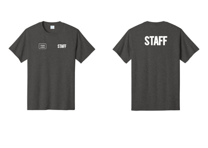 NYC Factory Custom Logo Staff T-Shirt, Bold Lettering - STAFF + Your Logo + Back - Dark Heather Grey