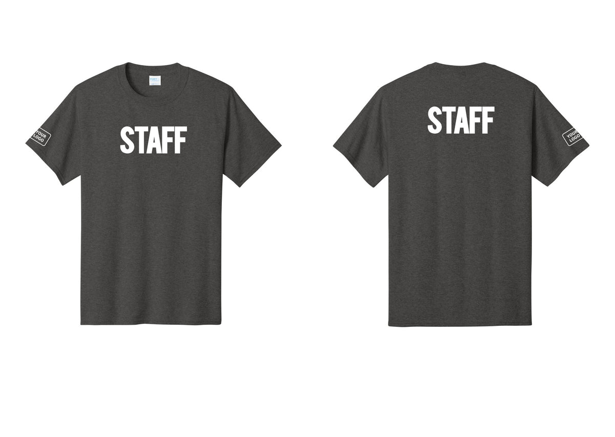 NYC Factory Custom Logo Staff T-Shirt, Bold Lettering - Front + Back + Your Logo Sleeve - Dark Heather Grey