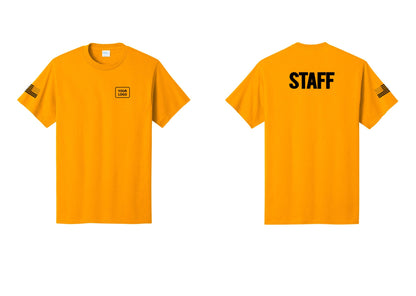 NYC Factory Custom Logo Staff T-Shirt, Bold Lettering - Your Logo + Back + US Flag Sleeve - Gold