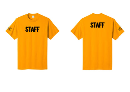 NYC Factory Custom Logo Staff T-Shirt, Bold Lettering - Front + Back + Your Logo Sleeve - Gold