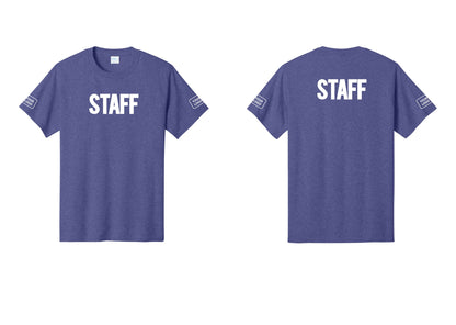 NYC Factory Custom Logo Staff T-Shirt, Bold Lettering - Front + Back + Your Logo Sleeves - Heather Purple