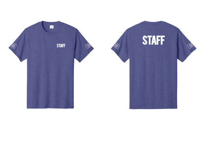 NYC Factory Custom Logo Staff T-Shirt, Bold Lettering - Chest + Back + Your Logo Sleeves - Heather Purple