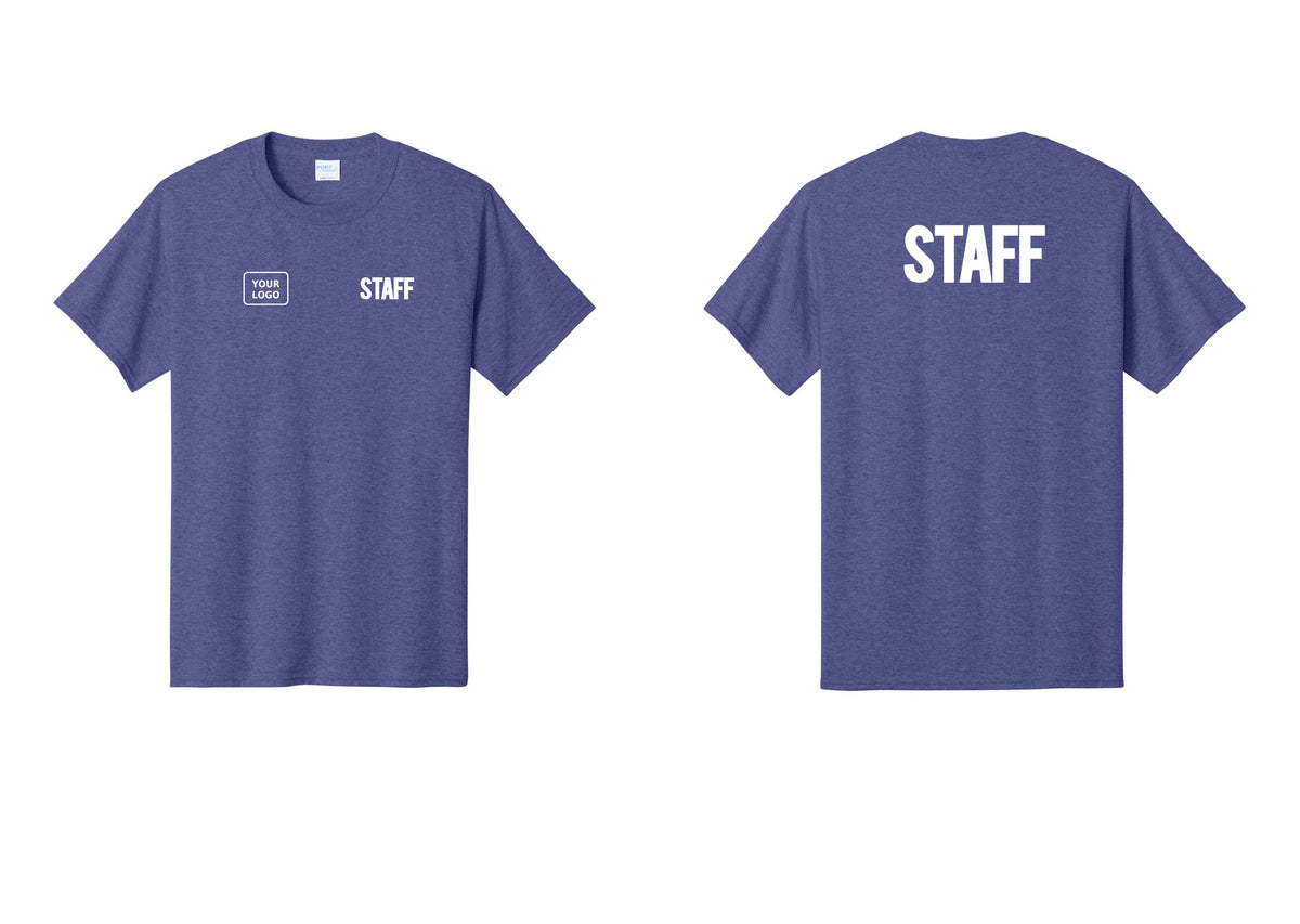 NYC Factory Custom Logo Staff T-Shirt, Bold Lettering - STAFF + Your Logo + Back - Heather Purple