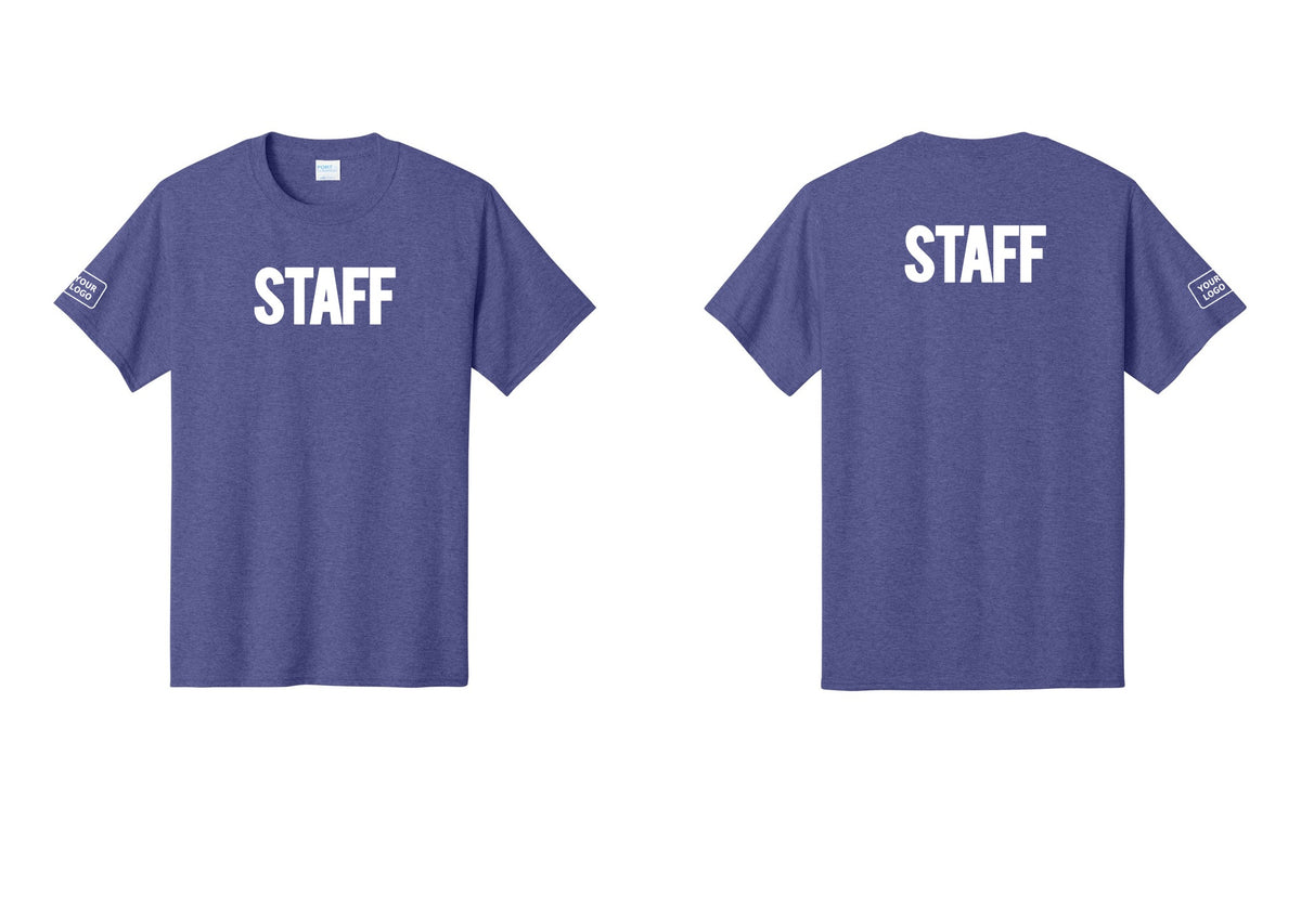 NYC Factory Custom Logo Staff T-Shirt, Bold Lettering - Front + Back + Your Logo Sleeve - Heather Purple