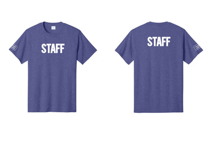NYC Factory Custom Logo Staff T-Shirt, Bold Lettering - Front + Back + Your Logo Sleeve - Heather Purple