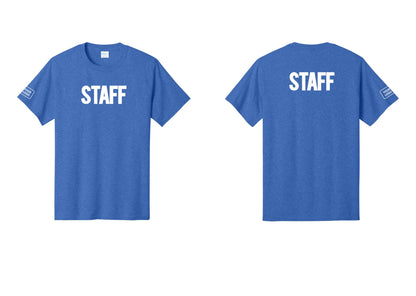 NYC Factory Custom Logo Staff T-Shirt, Bold Lettering - Front + Back + Your Logo Sleeve - Heather Royal