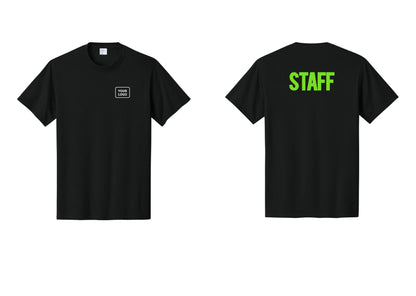NYC Factory Custom Logo Staff T-Shirt, Bold Lettering - Your Logo + Back - Black / Neon