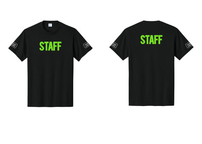 NYC Factory Custom Logo Staff T-Shirt, Bold Lettering - Front + Back + Your Logo Sleeves - Black / Neon
