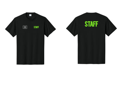 NYC Factory Custom Logo Staff T-Shirt, Bold Lettering - STAFF + Your Logo + Back - Black / Neon
