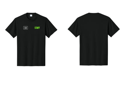 NYC Factory Custom Logo Staff T-Shirt, Bold Lettering - STAFF + Your Logo - Black / Neon