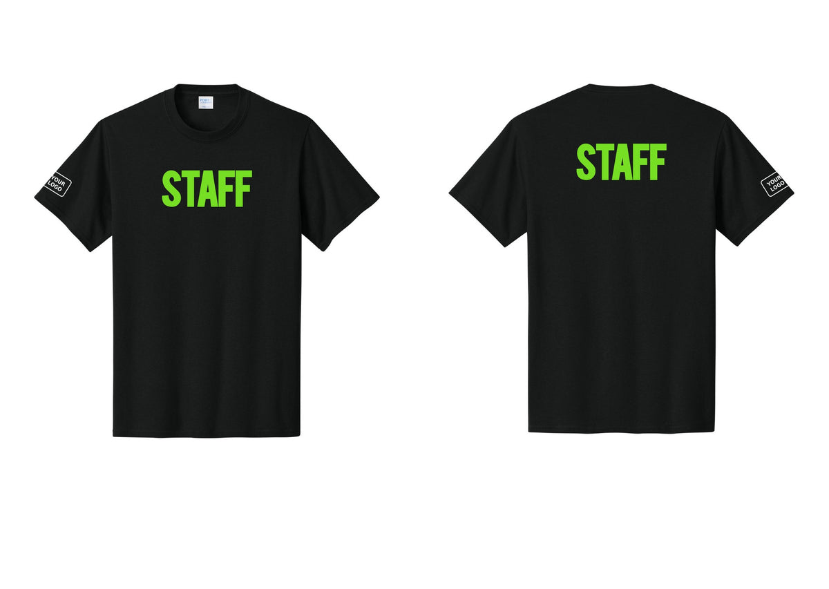 NYC Factory Custom Logo Staff T-Shirt, Bold Lettering - Front + Back + Your Logo Sleeve - Black / Neon