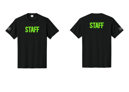 NYC Factory Custom Logo Staff T-Shirt, Bold Lettering - Front + Back + Your Logo Sleeve - Black / Neon