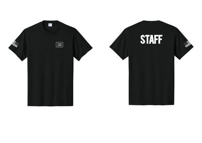 NYC Factory Custom Logo Staff T-Shirt, Bold Lettering - Your Logo + Back + US Flag Sleeve - Black