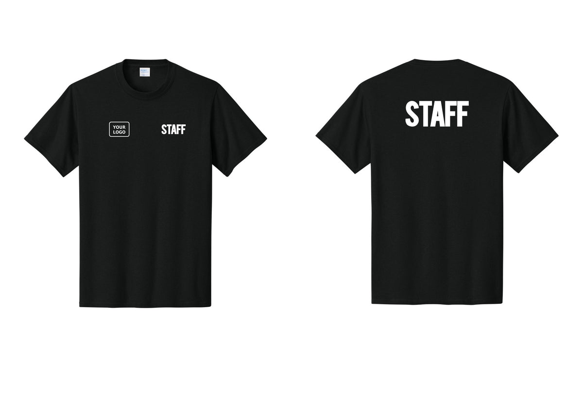 NYC Factory Custom Logo Staff T-Shirt, Bold Lettering - STAFF + Your Logo + Back - Black
