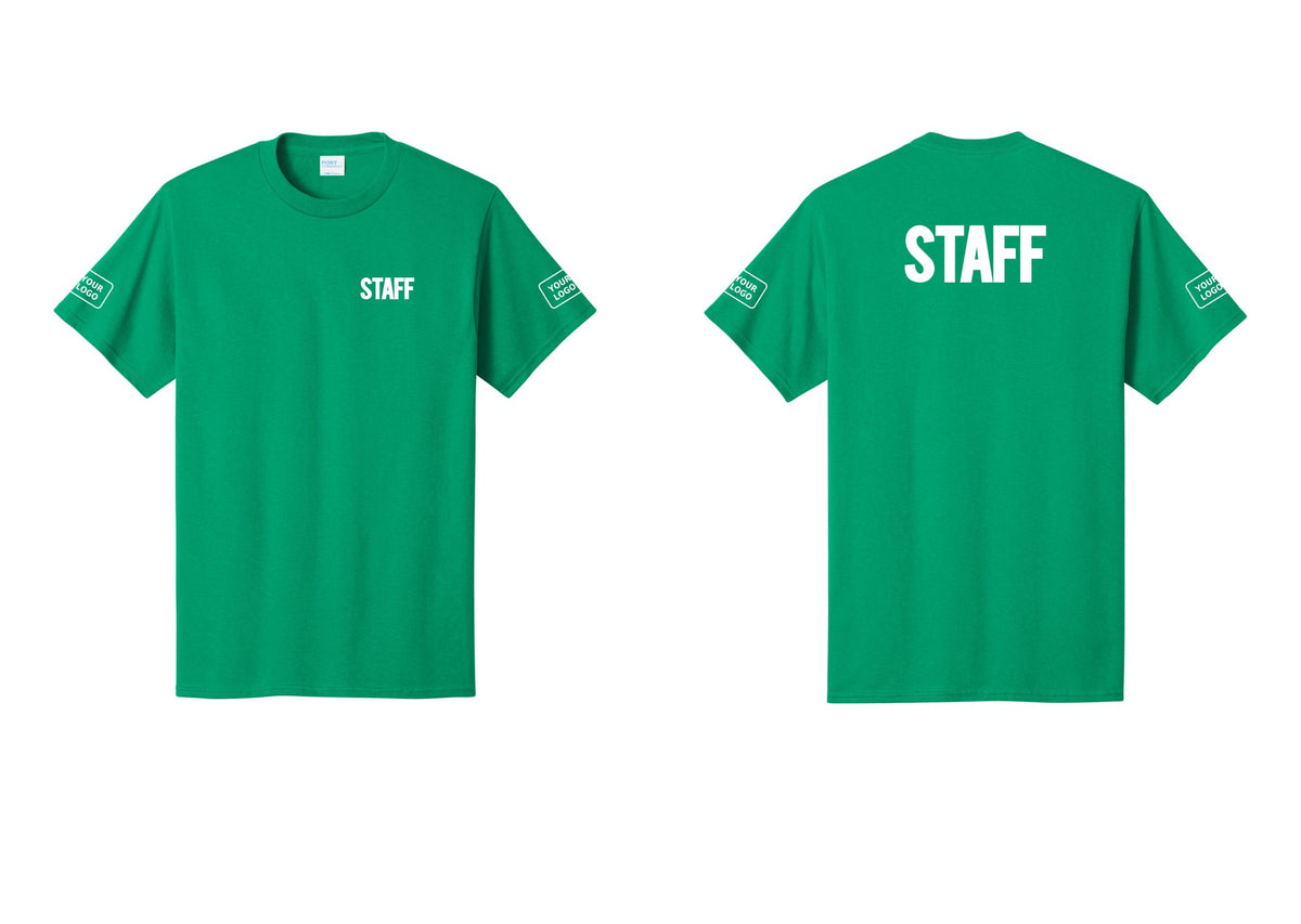 NYC Factory Custom Logo Staff T-Shirt, Bold Lettering - Chest + Back + Your Logo Sleeves - Kelly