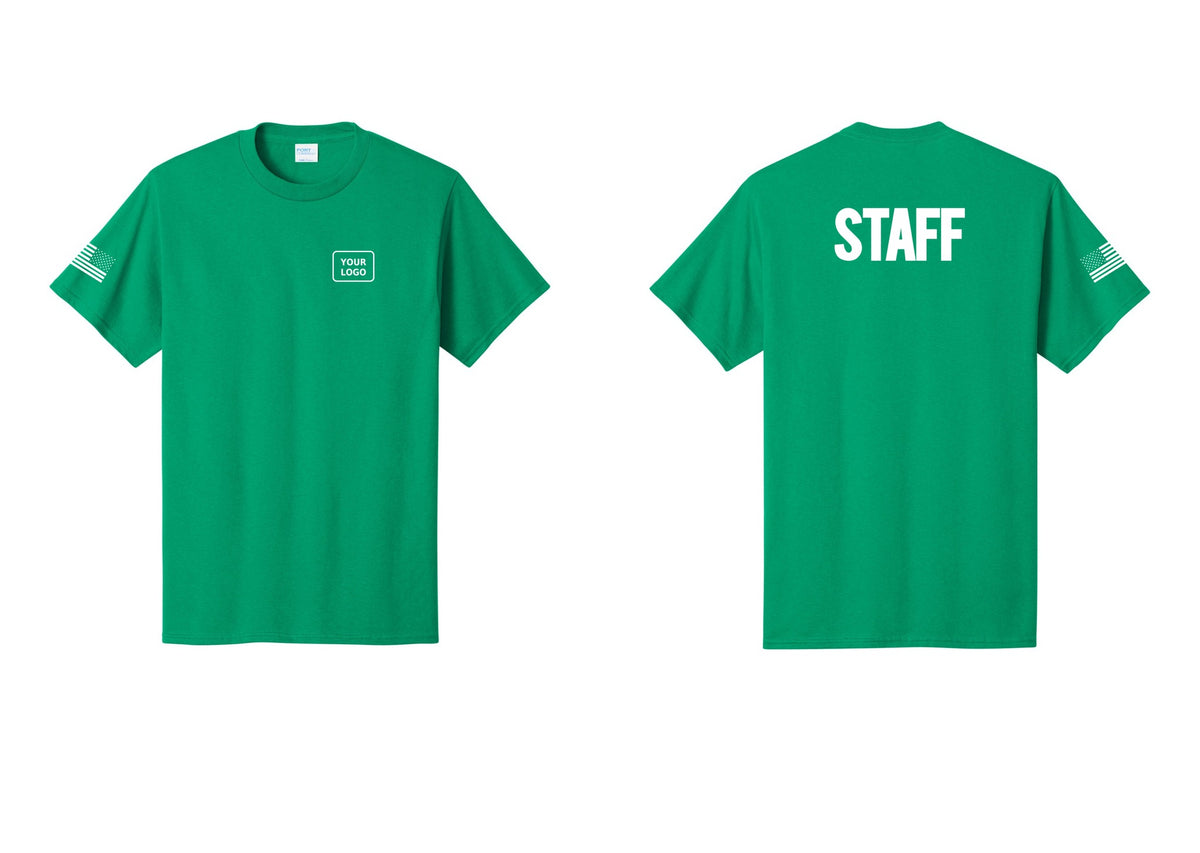 NYC Factory Custom Logo Staff T-Shirt, Bold Lettering - Your Logo + Back + US Flag Sleeve - Kelly