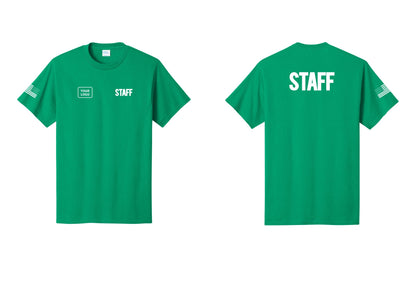 NYC Factory Custom Logo Staff T-Shirt, Bold Lettering - STAFF + Your Logo + Back + US Flag Sleeve - Kelly