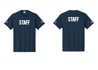 NYC Factory Custom Logo Staff T-Shirt, Bold Lettering - Front + Back + Your Logo Sleeves - Navy