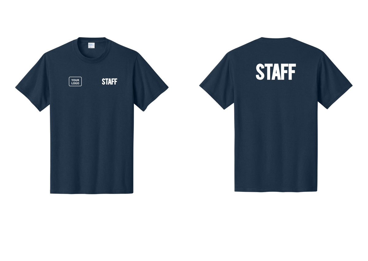 NYC Factory Custom Logo Staff T-Shirt, Bold Lettering - STAFF + Your Logo + Back - Navy