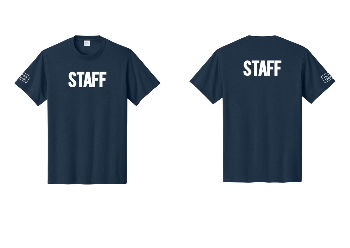 NYC Factory Custom Logo Staff T-Shirt, Bold Lettering - Front + Back + Your Logo Sleeve - Navy