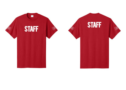 NYC Factory Custom Logo Staff T-Shirt, Bold Lettering - Front + Back + Your Logo Sleeves - Red