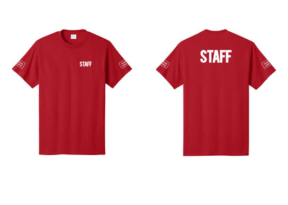 NYC Factory Custom Logo Staff T-Shirt, Bold Lettering - Chest + Back + Your Logo Sleeves - Red