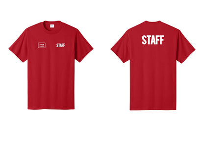 NYC Factory Custom Logo Staff T-Shirt, Bold Lettering - STAFF + Your Logo + Back - Red