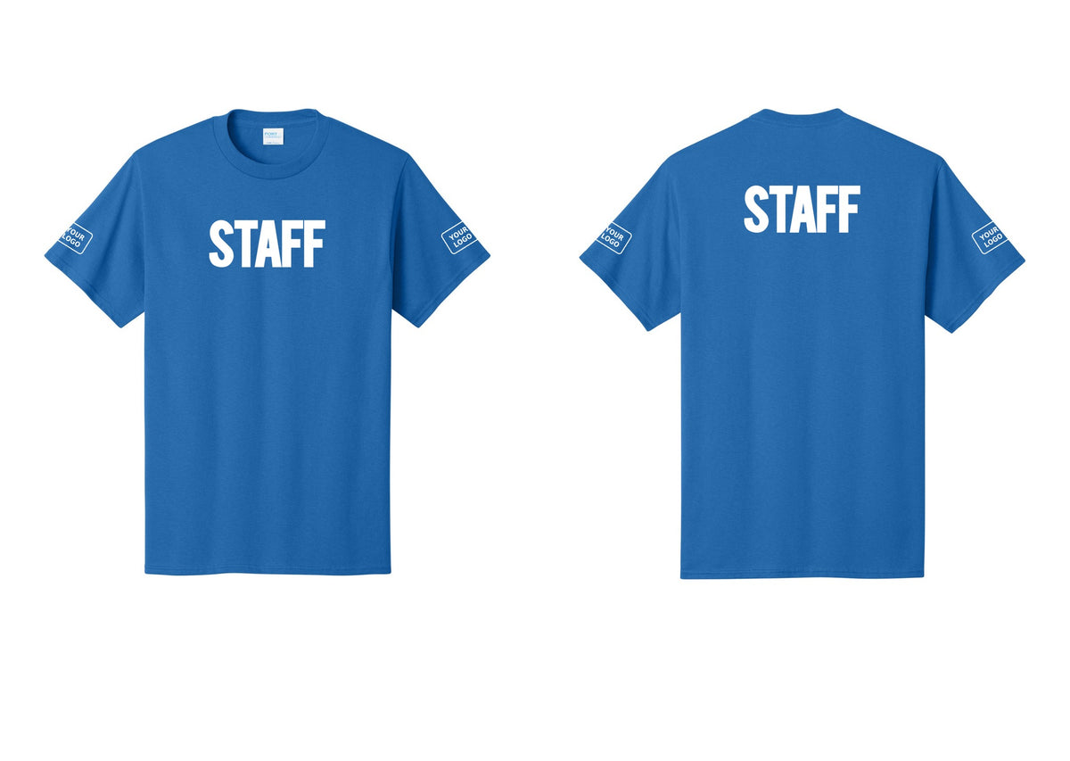NYC Factory Custom Logo Staff T-Shirt, Bold Lettering - Front + Back + Your Logo Sleeves - Royal