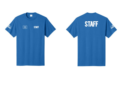 NYC Factory Custom Logo Staff T-Shirt, Bold Lettering - STAFF + Your Logo + Back + US Flag Sleeve - Royal