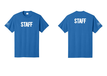 NYC Factory Custom Logo Staff T-Shirt, Bold Lettering - Front + Back + Your Logo Sleeve - Royal