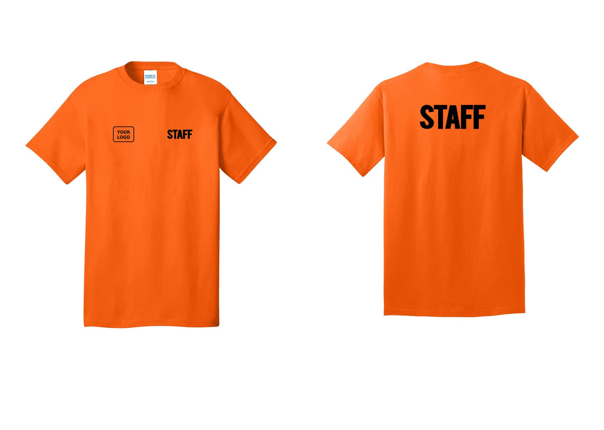 NYC Factory Custom Logo Staff T-Shirt, Bold Lettering - STAFF + Your Logo + Back - Safety Orange