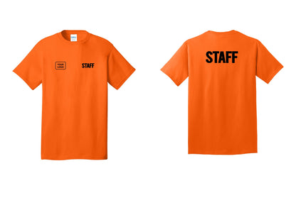 NYC Factory Custom Logo Staff T-Shirt, Bold Lettering - STAFF + Your Logo + Back - Safety Orange