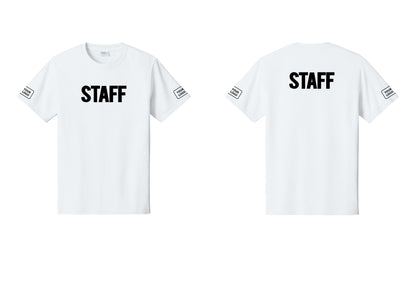 NYC Factory Custom Logo Staff T-Shirt, Bold Lettering - Front + Back + Your Logo Sleeves - White