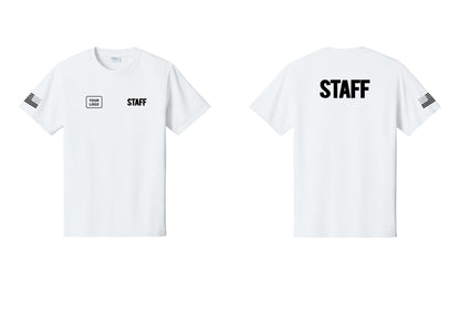 NYC Factory Custom Logo Staff T-Shirt, Bold Lettering - STAFF + Your Logo + Back + US Flag Sleeve - White