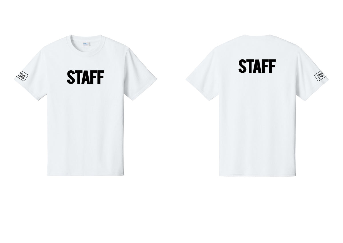 NYC Factory Custom Logo Staff T-Shirt, Bold Lettering - Front + Back + Your Logo Sleeve - White