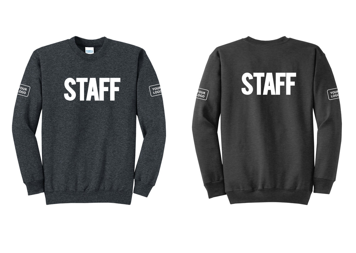 NYC Factory Custom Logo Staff Cotton Fleece Crewneck Sweatshirt (Bold) - Front + Back + Your Logo Sleeves - Dark Heather Grey