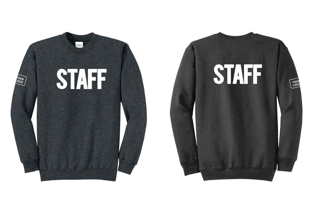 NYC Factory Custom Logo Staff Cotton Fleece Crewneck Sweatshirt (Bold) - Front + Back + Your Logo Sleeve - Dark Heather Grey