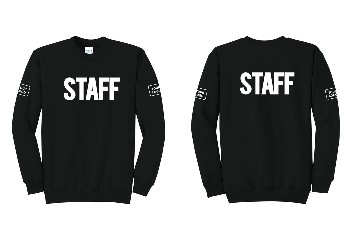 NYC Factory Custom Logo Staff Cotton Fleece Crewneck Sweatshirt (Bold) - Front + Back + Your Logo Sleeves - Black
