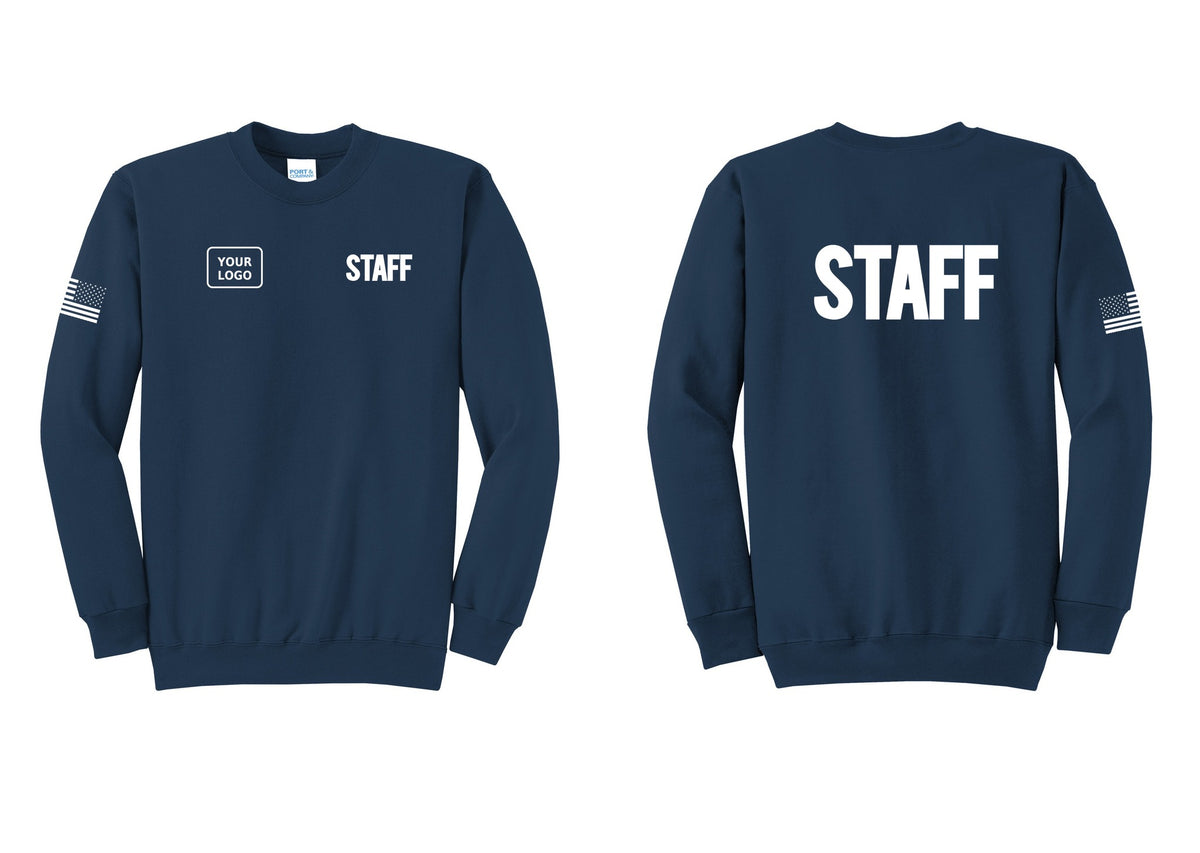 NYC Factory Custom Logo Staff Cotton Fleece Crewneck Sweatshirt (Bold) - STAFF + Your Logo + Back + US Flag Sleeve - Navy