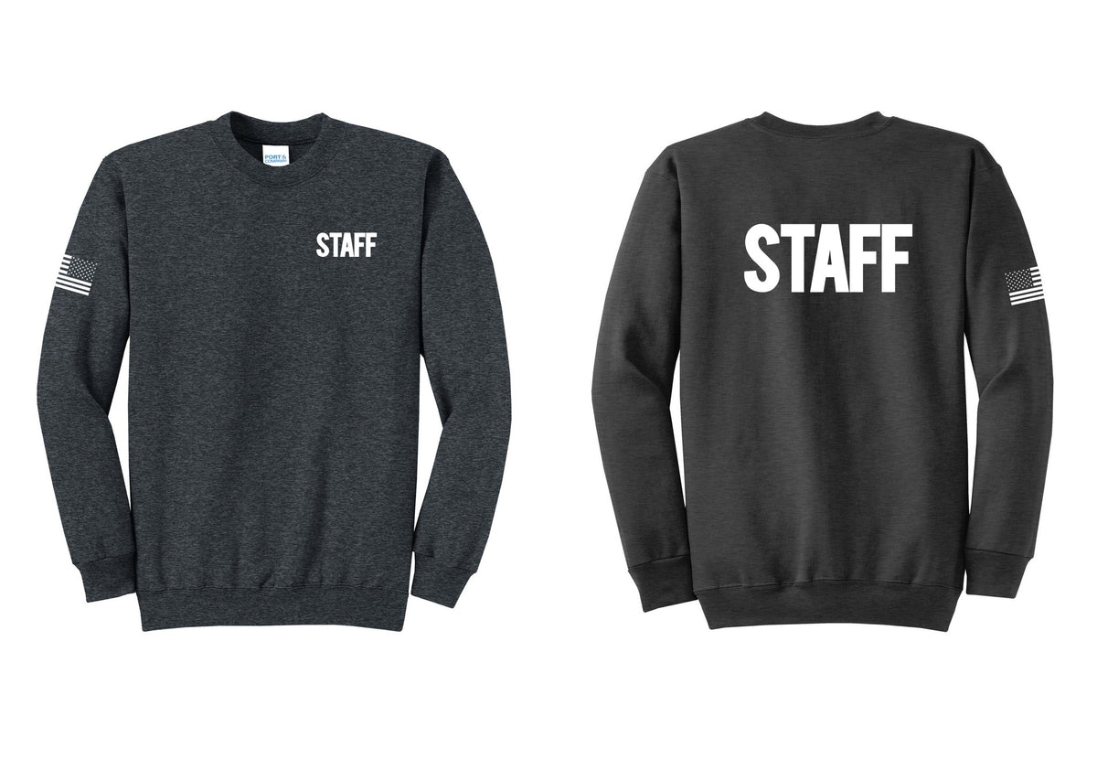 NYC Factory Staff Cotton Fleece Crewneck Sweatshirt (Bold) - Chest + Back + US Flag Sleeve - Dark Heather Grey