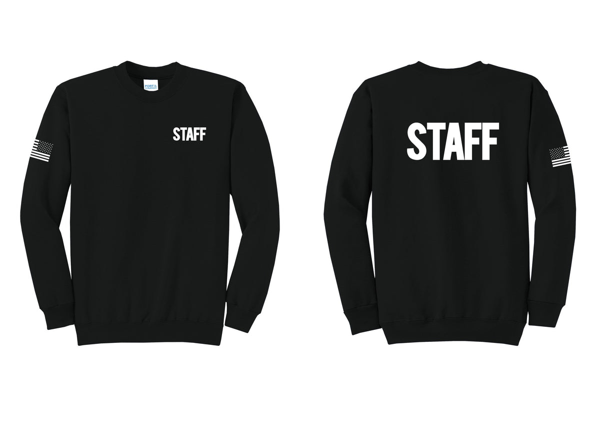 NYC Factory Staff Cotton Fleece Crewneck Sweatshirt (Bold) - Chest + Back + US Flag Sleeve - Black