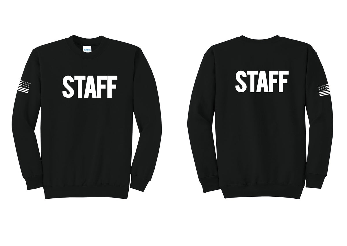 NYC Factory Staff Cotton Fleece Crewneck Sweatshirt (Bold) - Front + Back + US Flag Sleeve - Black