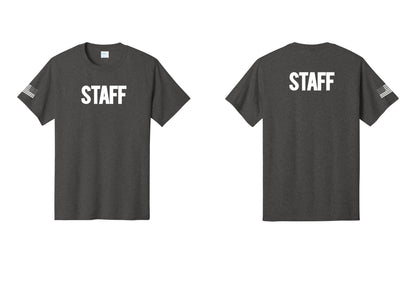 NYC Factory Staff T-Shirt, Bold Lettering - Front + Back + US Flag Sleeve - Dark Heather Grey