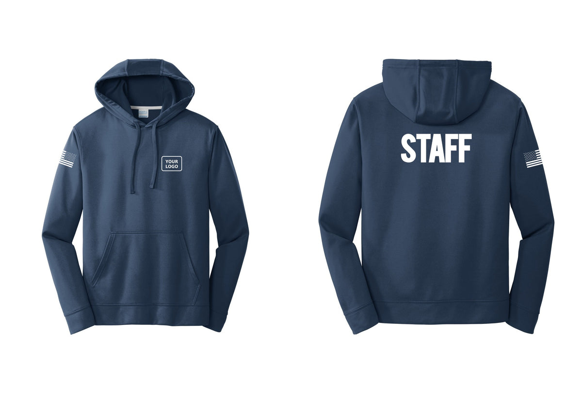 NYC Factory Custom Logo Staff Performance Hooded Fleece Pullover Sweatshirt (Bold) - Your Logo + Back + US Flag Sleeve - Navy