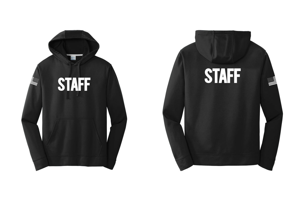 NYC Factory Staff Performance Hooded Fleece Pullover Sweatshirt (Bold) - Front + Back + US Flag Sleeve - Black