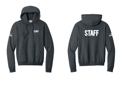 NYC Factory Staff Cotton Fleece Pullover Hoodie (Bold) - Chest + Back + US Flag Sleeve - Dark Heather Grey